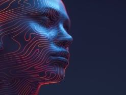 A digital 3D rendering of a human face in profile, illuminated in blue with glowing red contour lines, symbolizing identity, data, and cybersecurity in the age of AI.